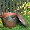 Hammered Copper Hose Pot With Lid -The Garden Works Shop 8613311 0102 hammered copper hose pot with lid